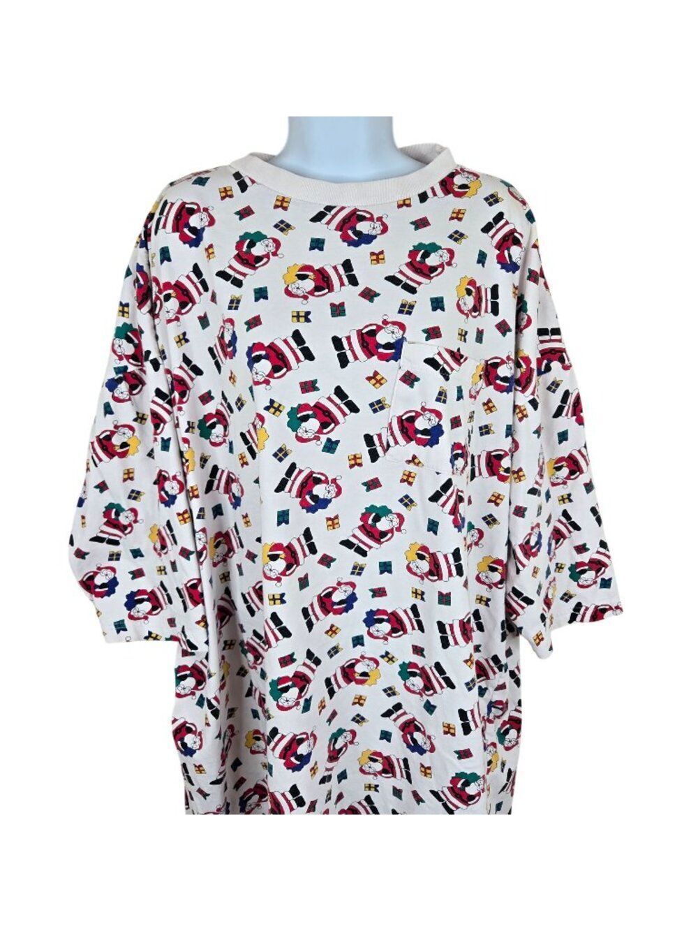 Vintage Christmas Santa Claus Nightgown White Multi Holiday Sleepwear Women’s XL